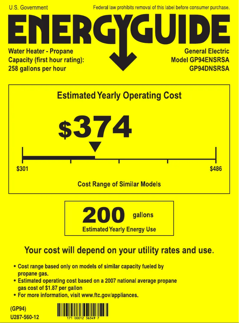 Page 1 de la notice Label énergétique GE GP94DNSRSA