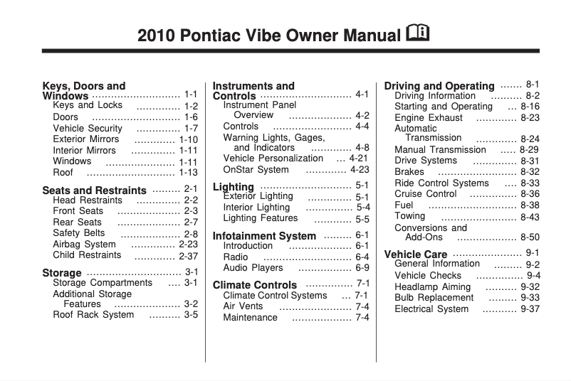 Página 1 del manual Manual de usuario Pontiac Vibe (2010)