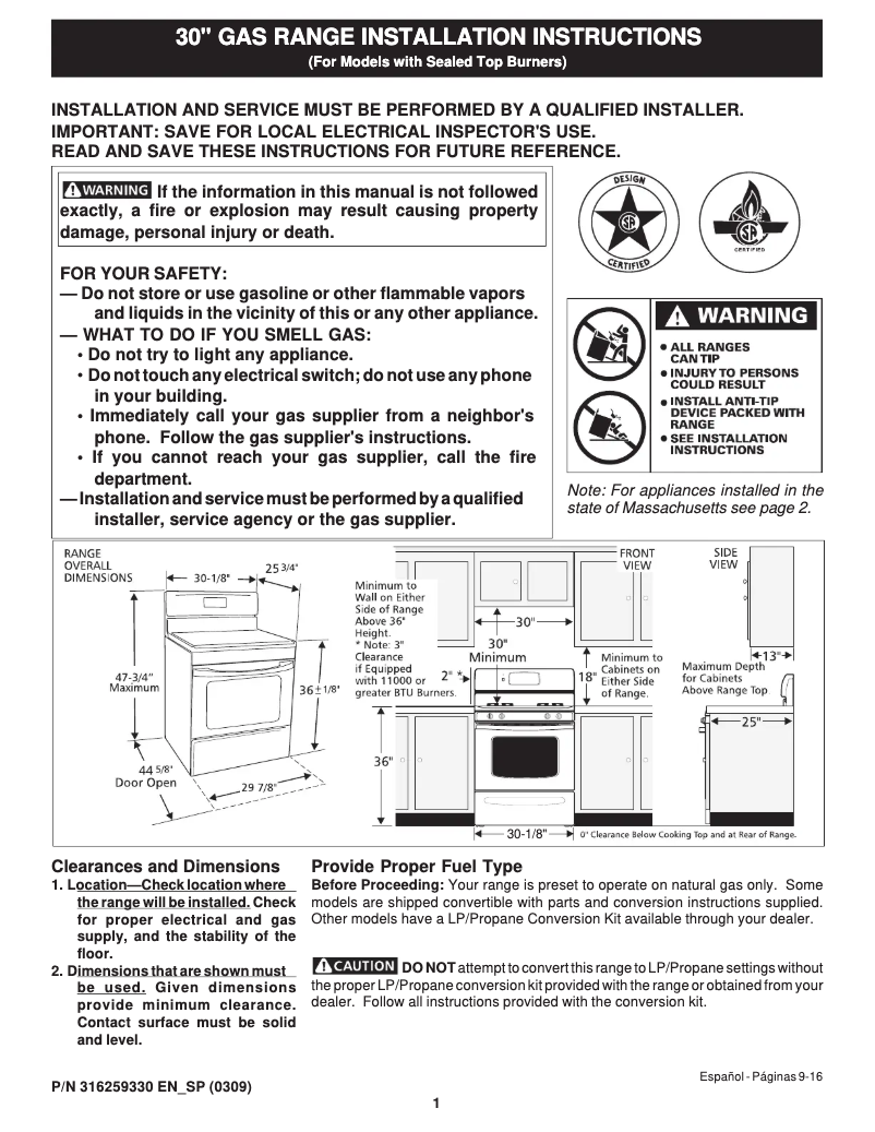 Page n°1 - Guide d'installation Frigidaire GLGF377CS