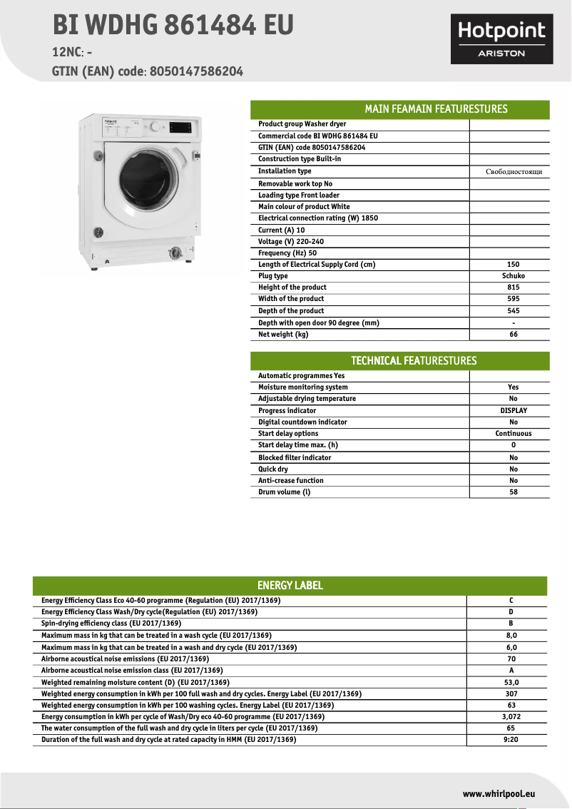 Image de la première page du manuel de l'appareil BI WDHG 861484 EU