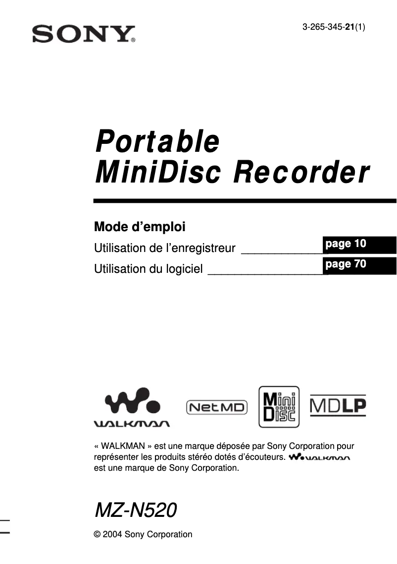 Image de la première page du manuel de l'appareil MZ-N520