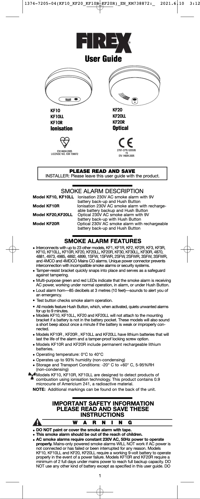 Page 1 de la notice Manuel utilisateur Kidde KF20R