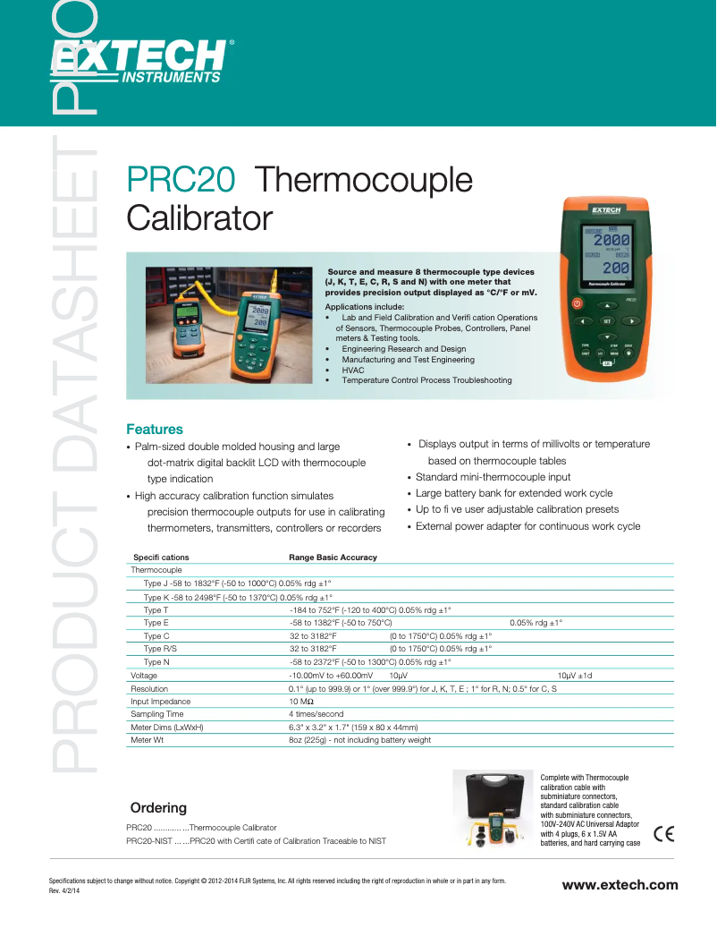 Page 1 de la notice Fiche technique Extech PRC20