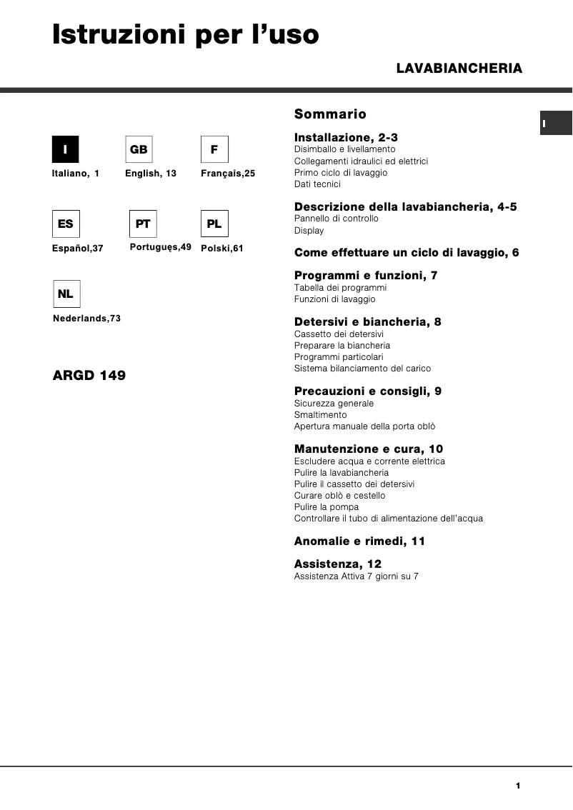 Page 1 de la notice Manuel utilisateur Hotpoint Ariston ARGD 149 (EU).R
