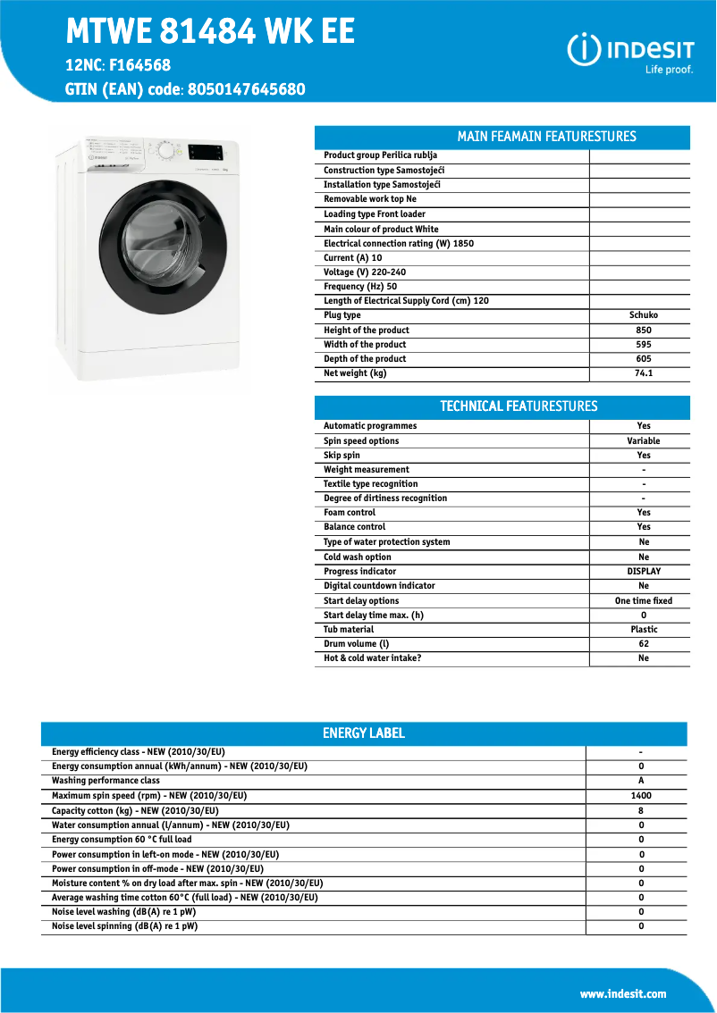Page n°1 - Fiche technique Indesit MTWE 81484 WK EE