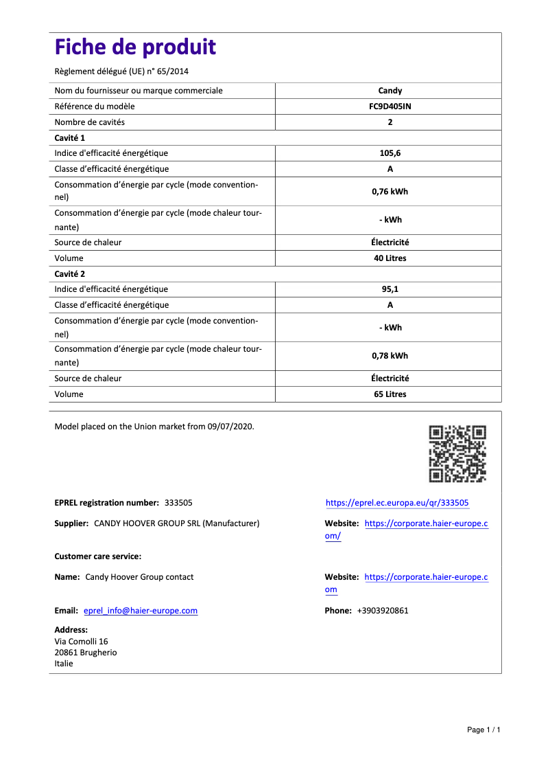 Page n°1 - Manuel utilisateur Candy FC9D405IN