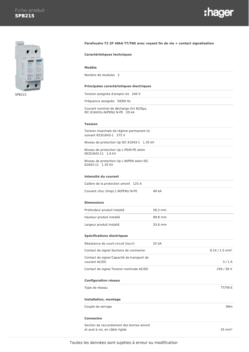 Page 1 de la notice Manuel utilisateur Hager SPB215
