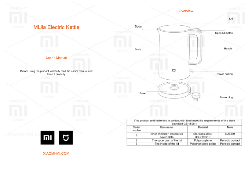 Image de la première page du manuel de l'appareil MiJia Electric Kettle