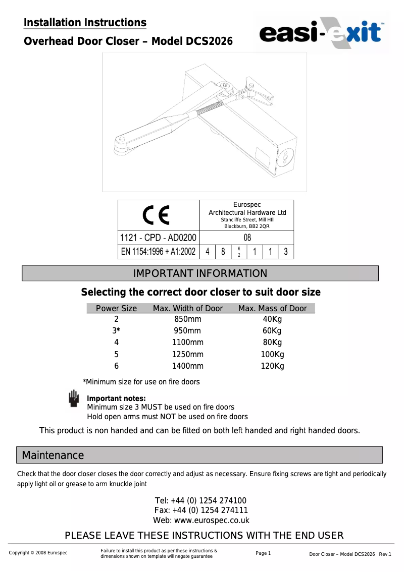Page 1 de la notice Manuel utilisateur Eurospec Easi-Exit DCS2026
