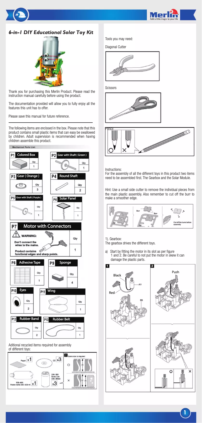 Imagen de la primera página del manual del dispositivo 6-IN-1 DIY Educational Solar Toy Kit