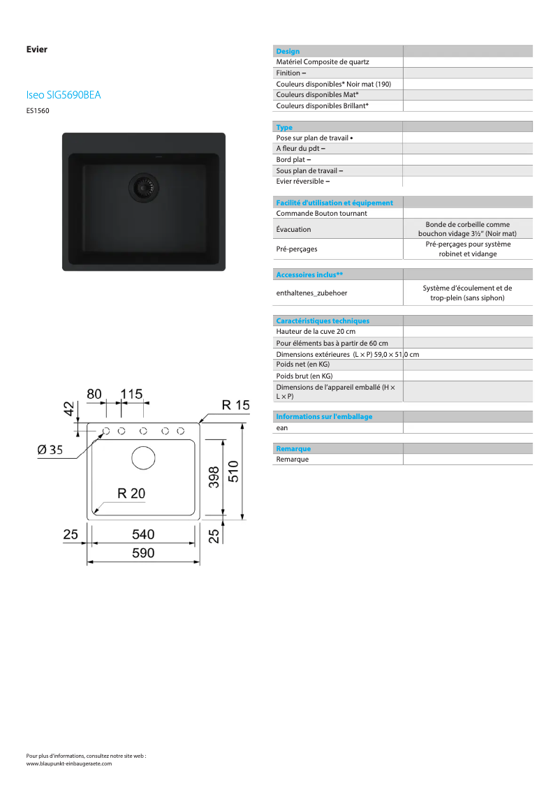 Page n°1 - Fiche technique Blaupunkt Iseo SIG5690BEA