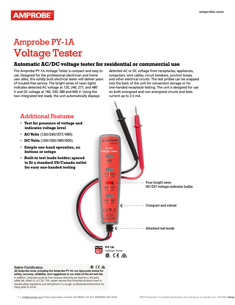 Page 1 de la notice Fiche technique Amprobe PY-1A