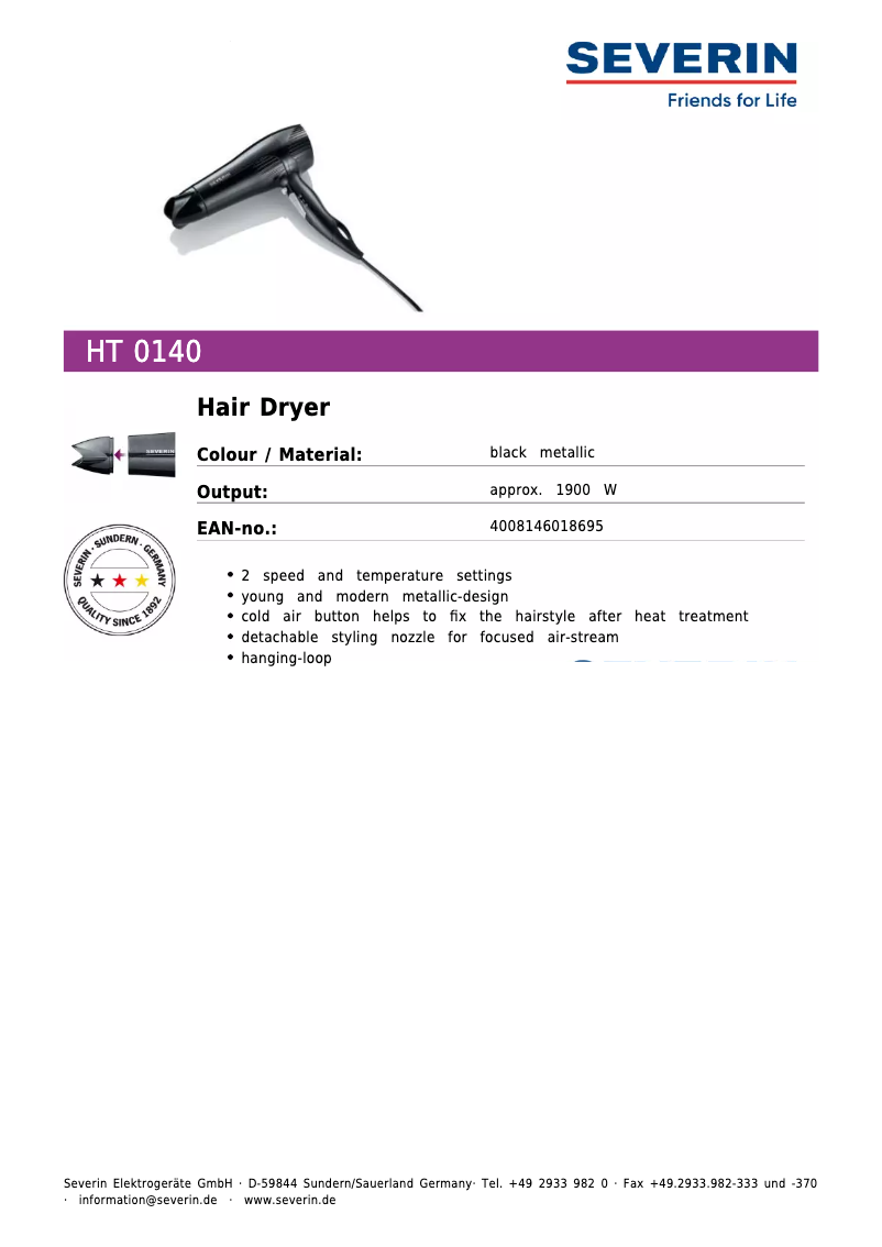 Page n°1 - Fiche technique Severin HT 0140