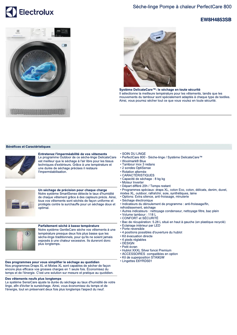 Page 1 de la notice Fiche technique Electrolux EW8H4853SB