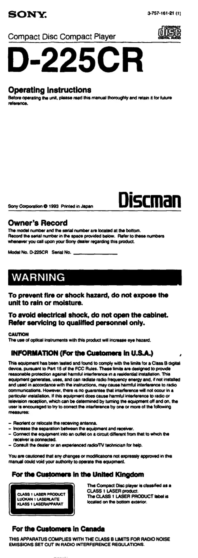 Page 1 de la notice Manuel utilisateur Sony Discman D-225CR