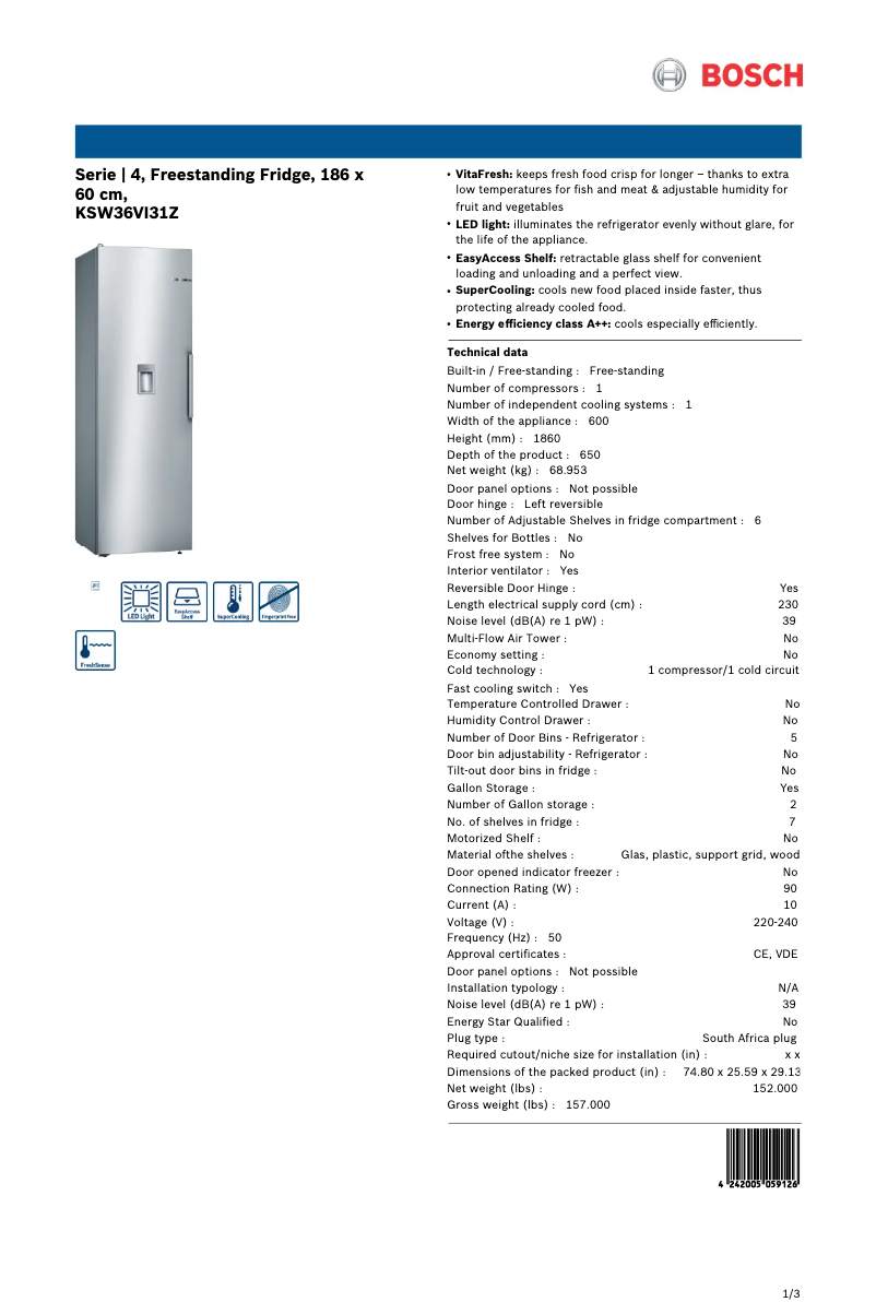 Page 1 de la notice Fiche technique Bosch KSW36VI31Z