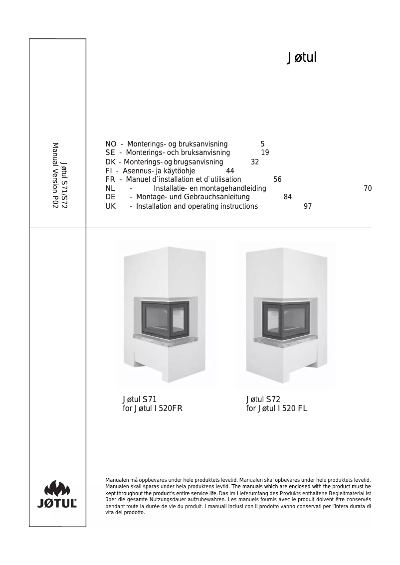 Page 1 de la notice Manuel utilisateur Jøtul S72