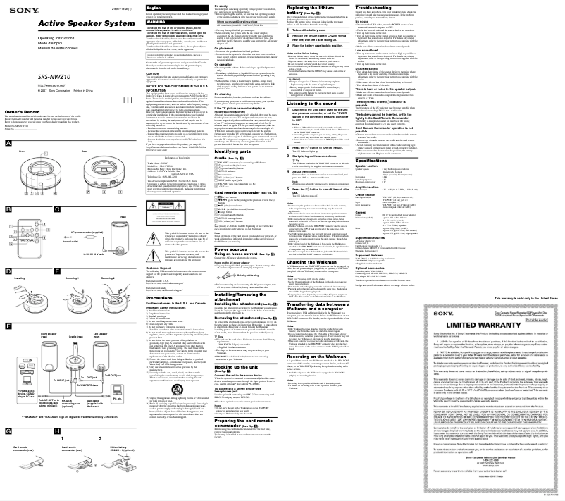 Page 1 de la notice Manuel utilisateur Sony SRS-NWZ10