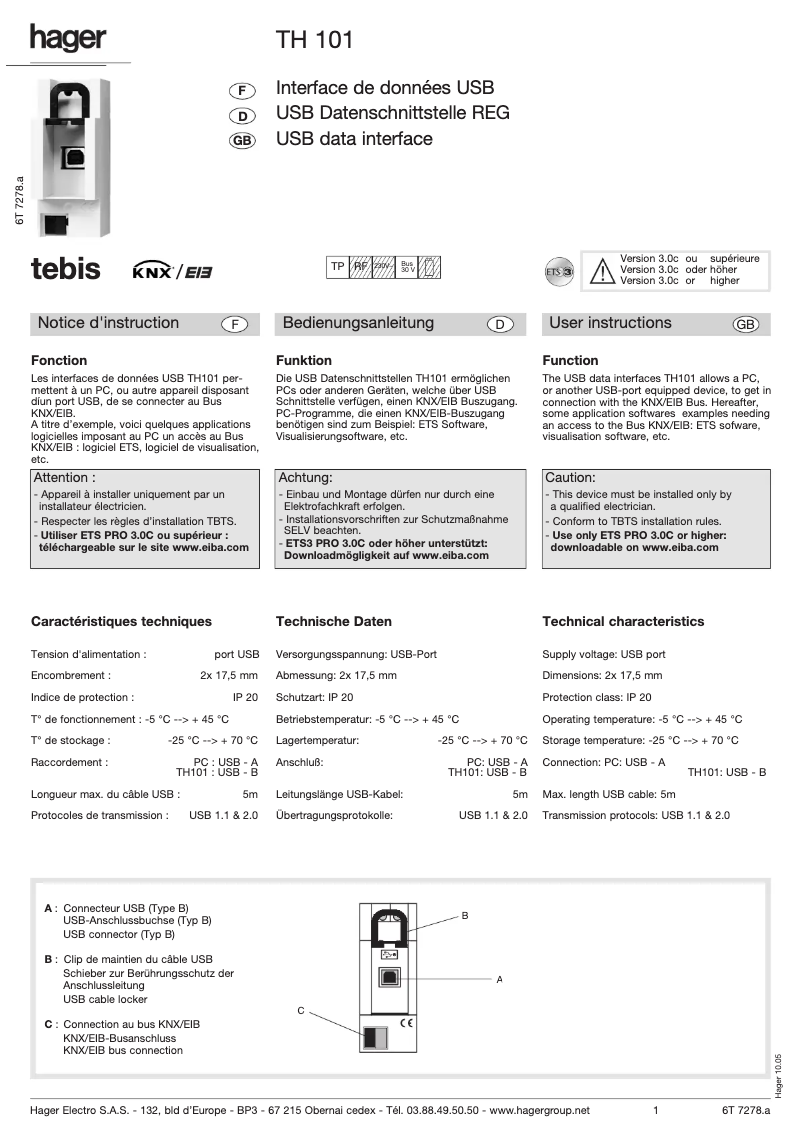 Page 1 de la notice Mode d'emploi Hager TH101