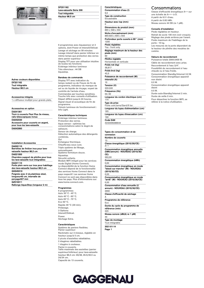 Page 1 de la notice Fiche technique Gaggenau DF251162