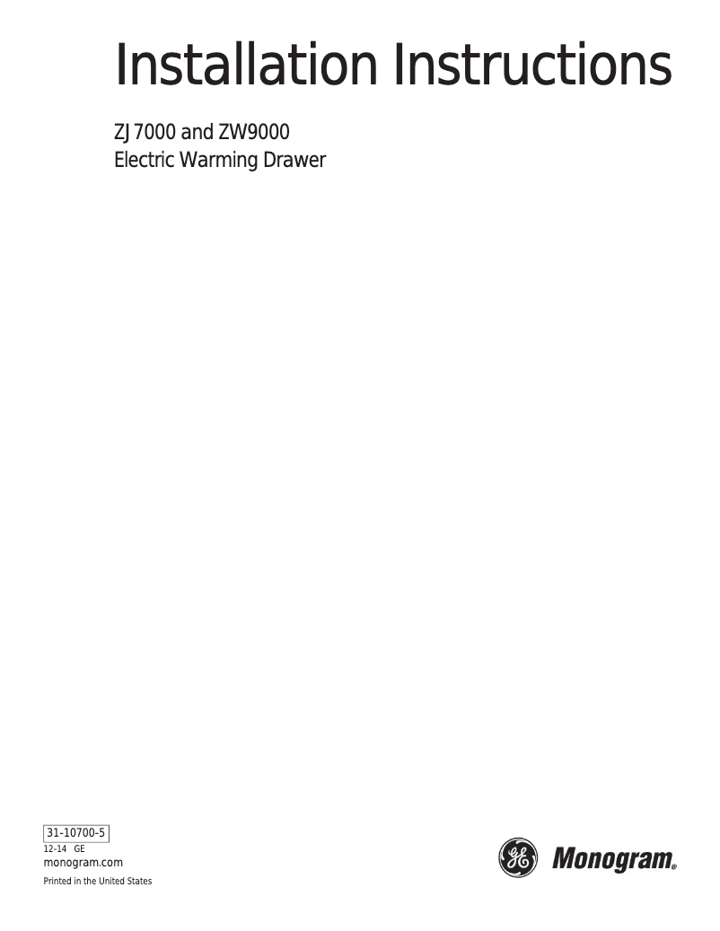 Page 1 de la notice Guide d'installation Monogram ZTW900SSN