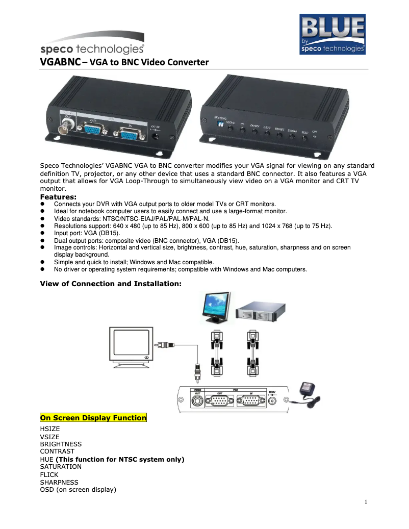 Página 1 del manual Manual de usuario Speco Technologies VGABNC