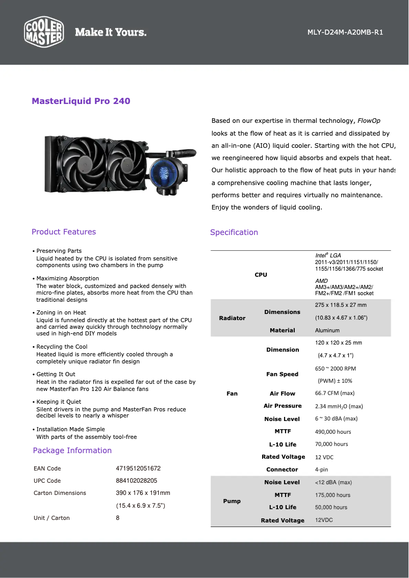 Page 1 de la notice Fiche technique Cooler Master MasterLiquid Pro 240