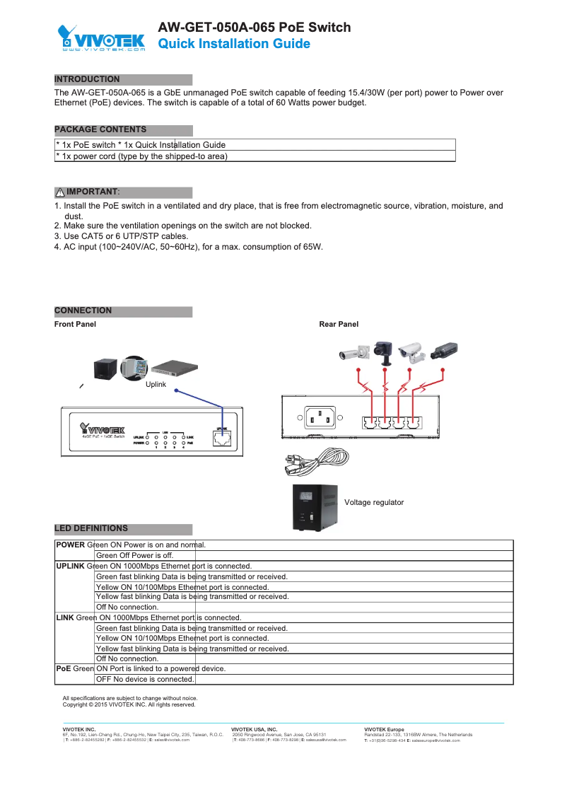 Page 1 de la notice Mode d'emploi Vivotek AW-GET-050A-065
