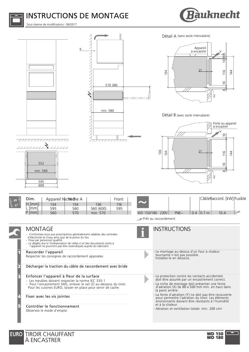 Page 1 de la notice Guide d'installation Bauknecht WD 180 SW