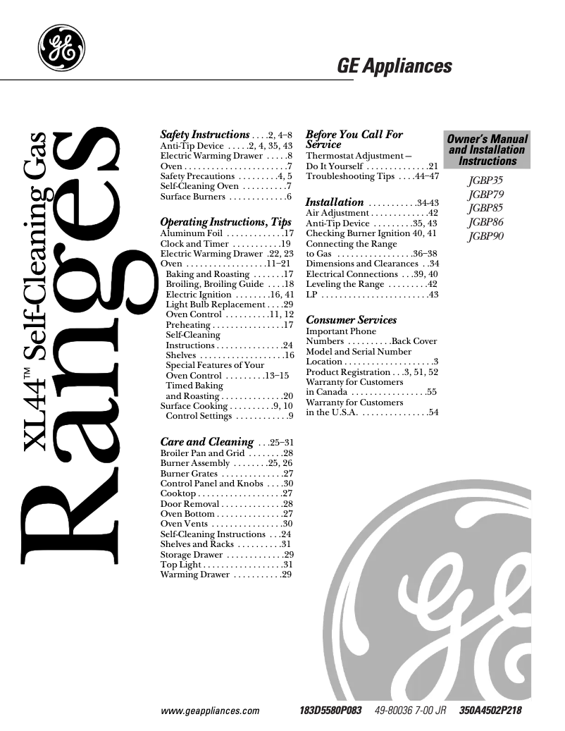 Page n°1 - Manuel d'utilisation et d'entretien GE JGBP35AEAAA