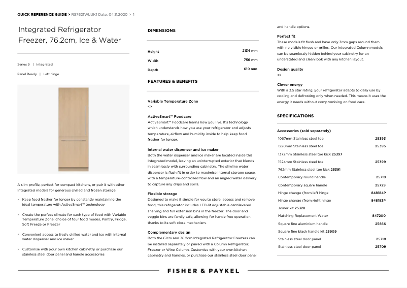 Page 1 de la notice Fiche technique Fisher & Paykel RS7621WLUK1