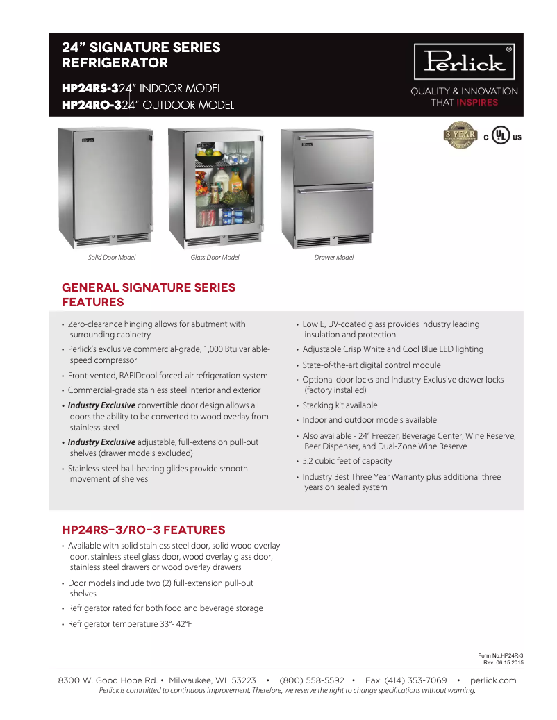 Página 1 del manual Ficha técnica Perlick HP24RO-3-3R