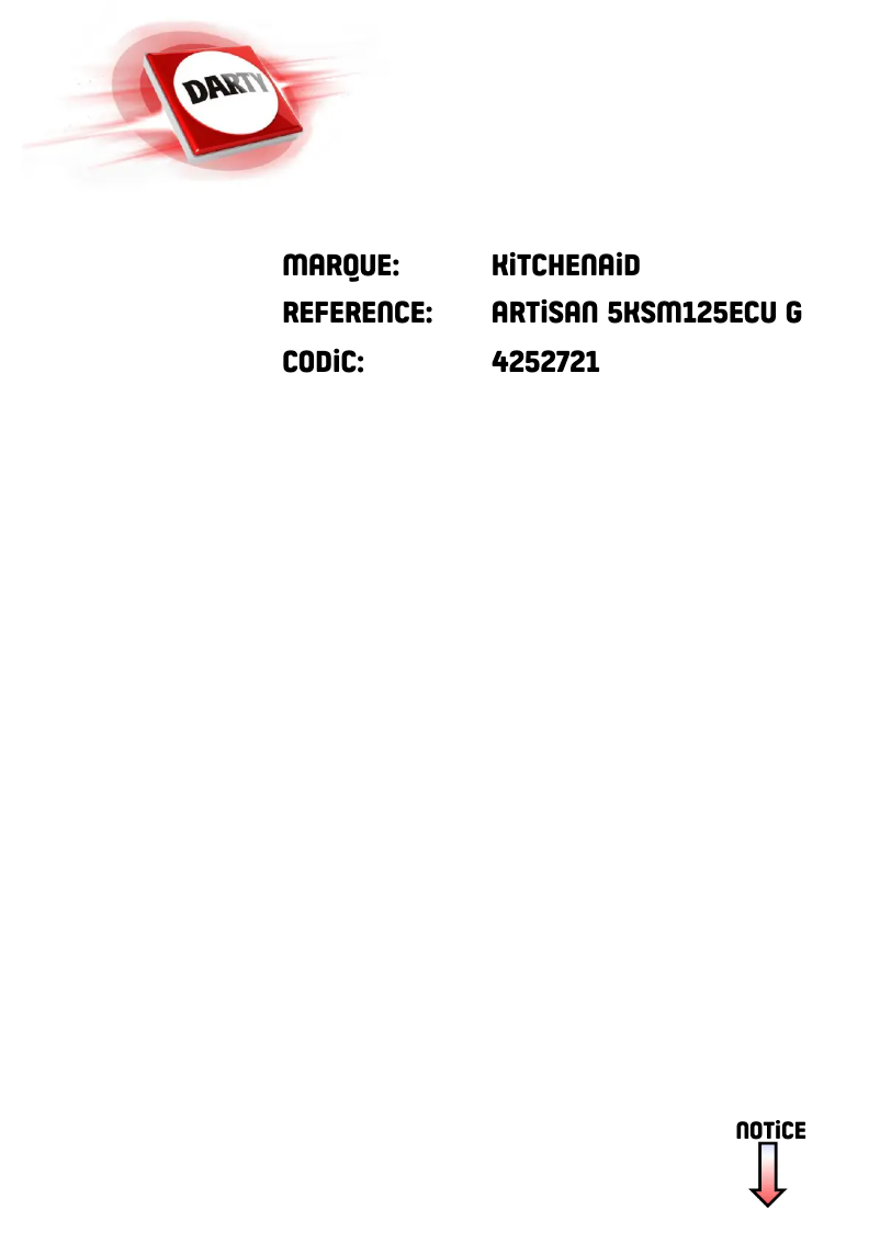 Page 1 de la notice Manuel utilisateur KitchenAid Artisan 5KSM125ECU