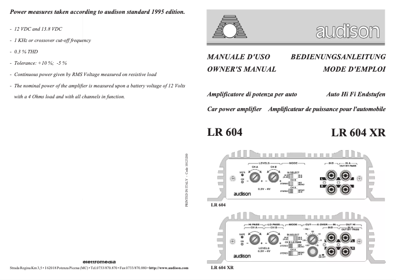 Page n°1 - Manuel utilisateur Audison LR 604 XR