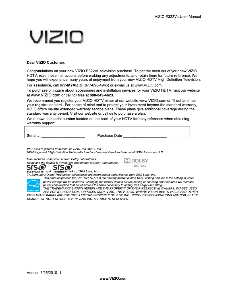 Page 1 de la notice Manuel utilisateur VIZIO E322VL