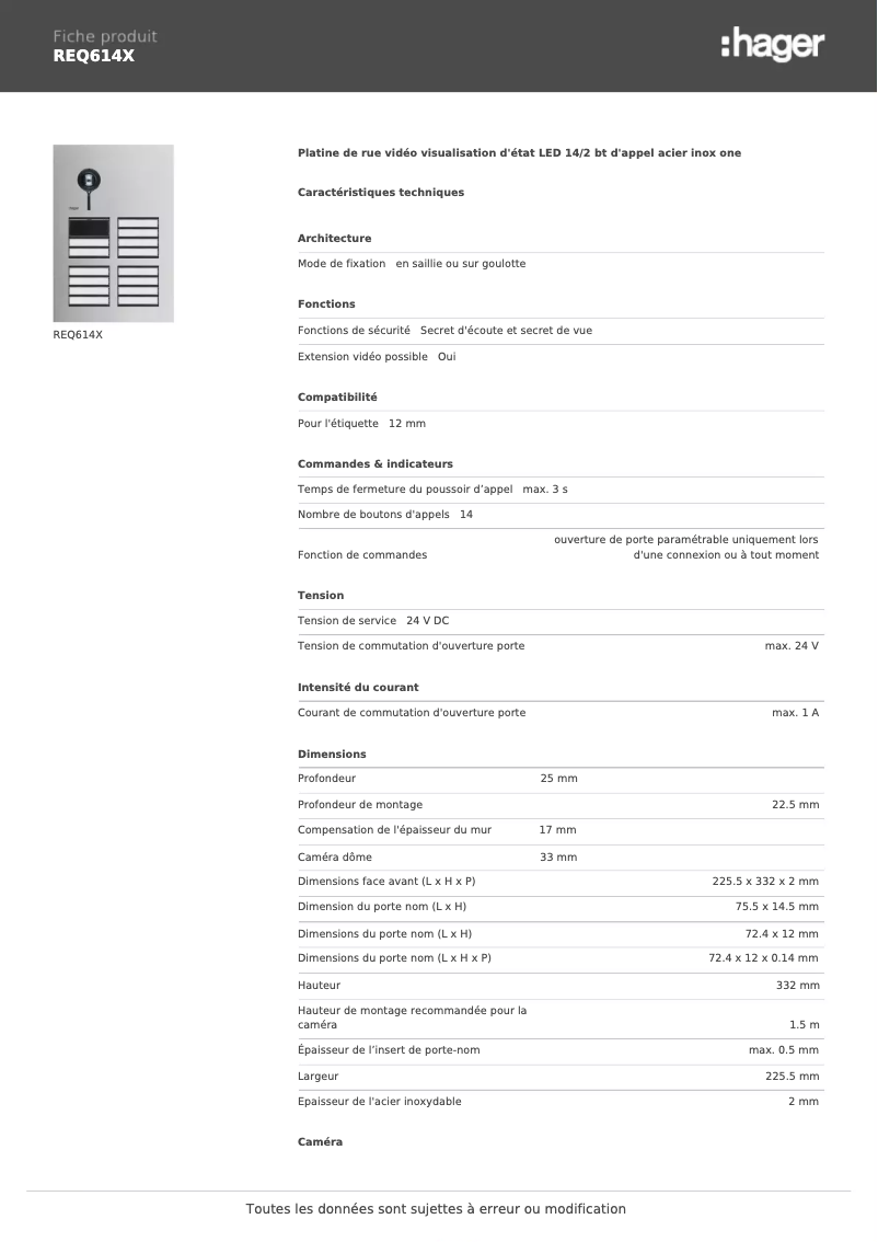 Page 1 de la notice Fiche technique Hager REQ614X