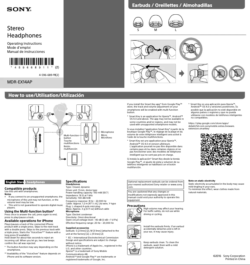 Page n°1 - Manuel utilisateur Sony MDR-EX14AP