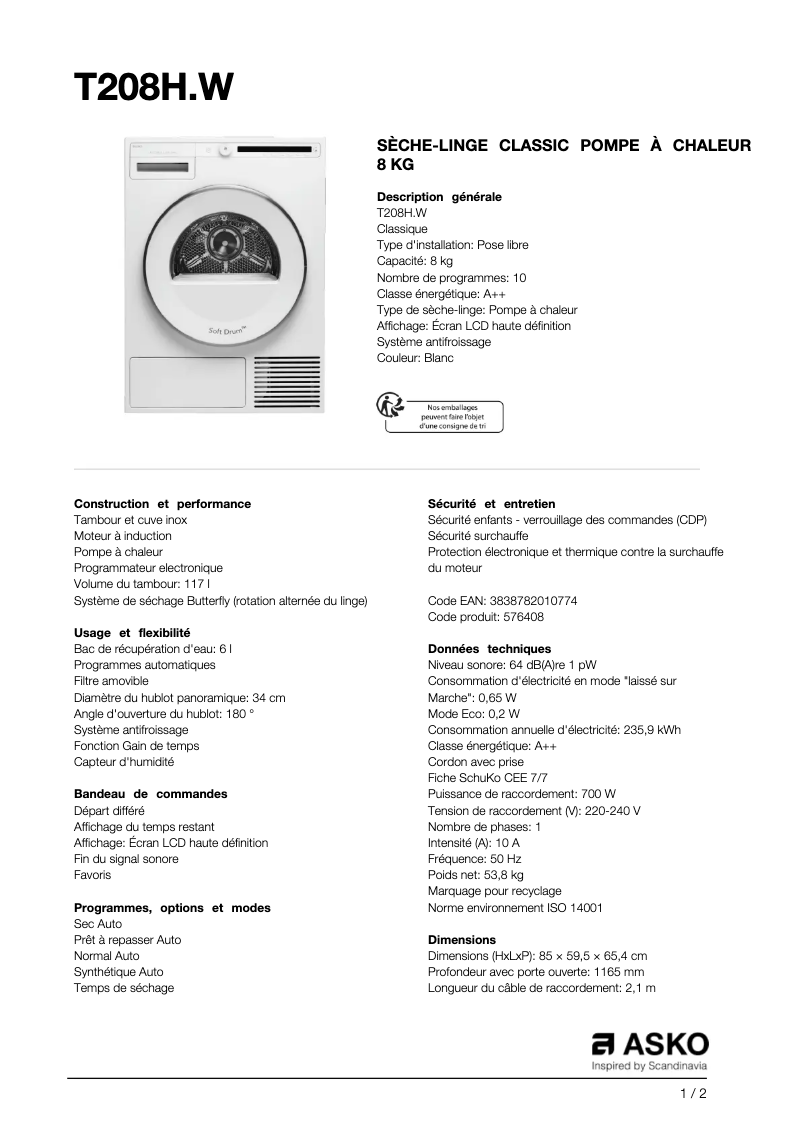 Page 1 de la notice Fiche technique Asko T208H