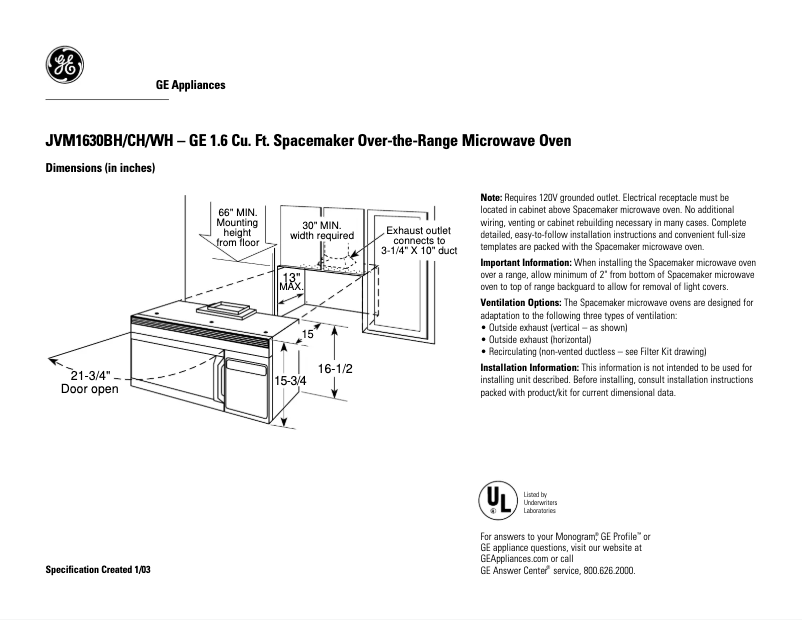 Page 1 de la notice Fiche technique GE JVM1630CH
