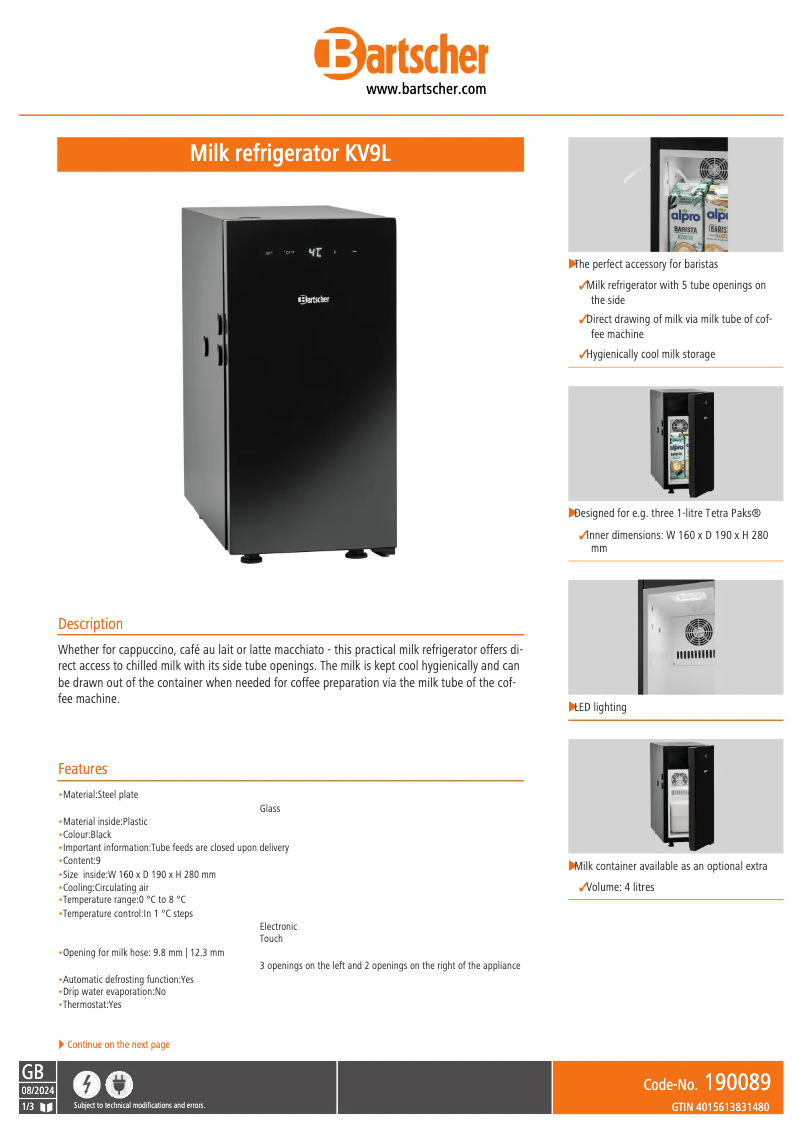 Page 1 de la notice Fiche technique Bartscher KV9L