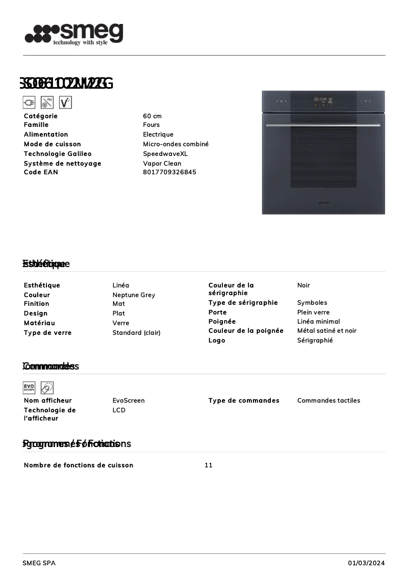 Page n°1 - Fiche technique Smeg SO6102M2G