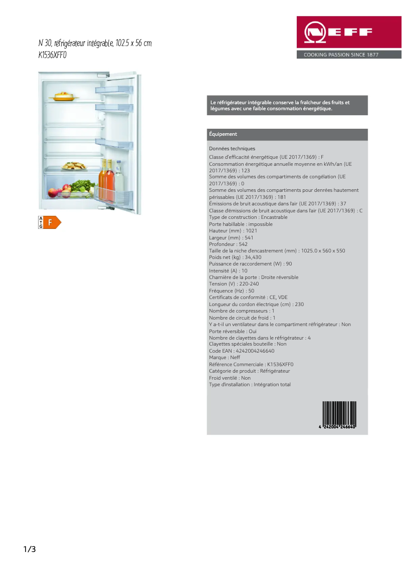 Page 1 de la notice Fiche technique Neff K1536XFF0