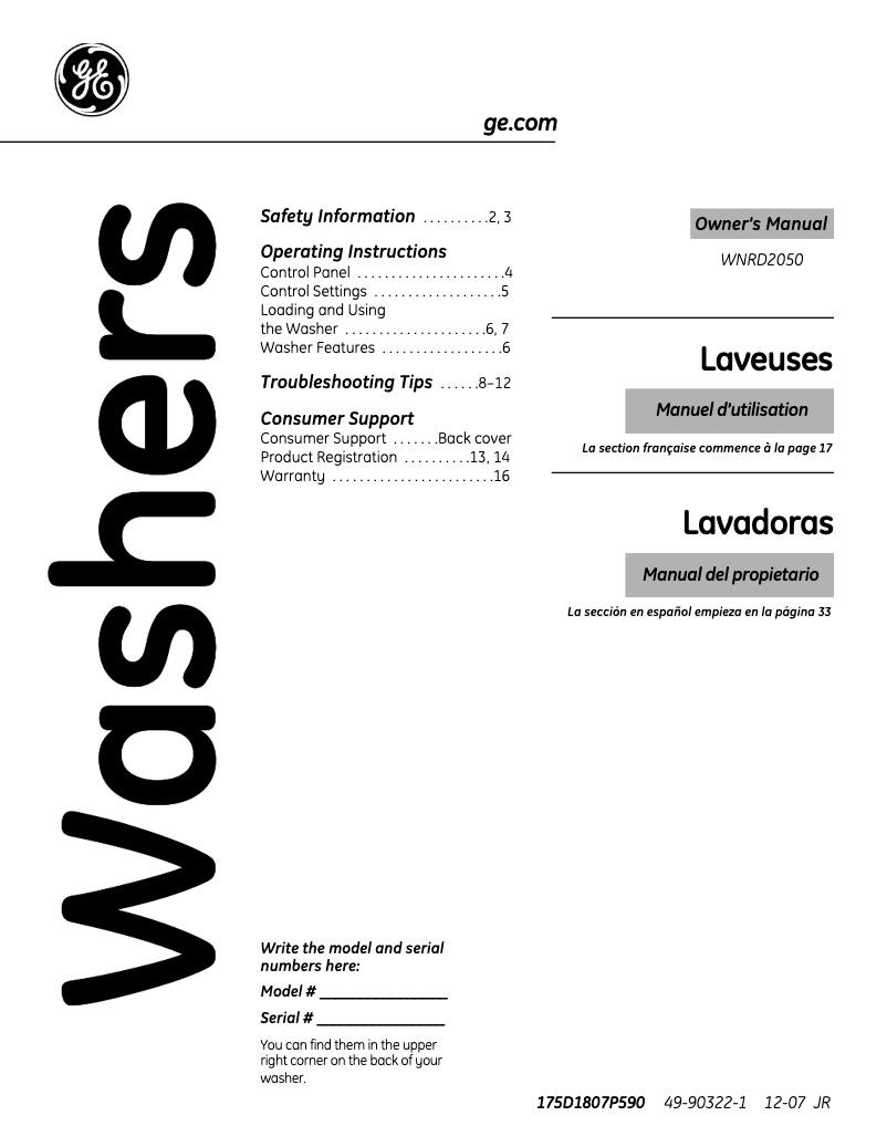 Page 1 de la notice Manuel d'utilisation et d'entretien GE WNRD2050DWC