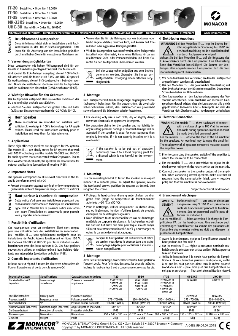 Page 1 de la notice Manuel utilisateur Monacor IT-30