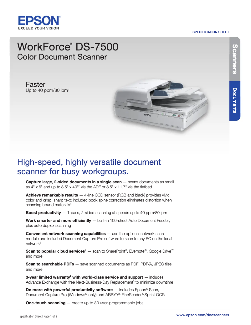 Page 1 de la notice Fiche technique Epson WorkForce DS-7500