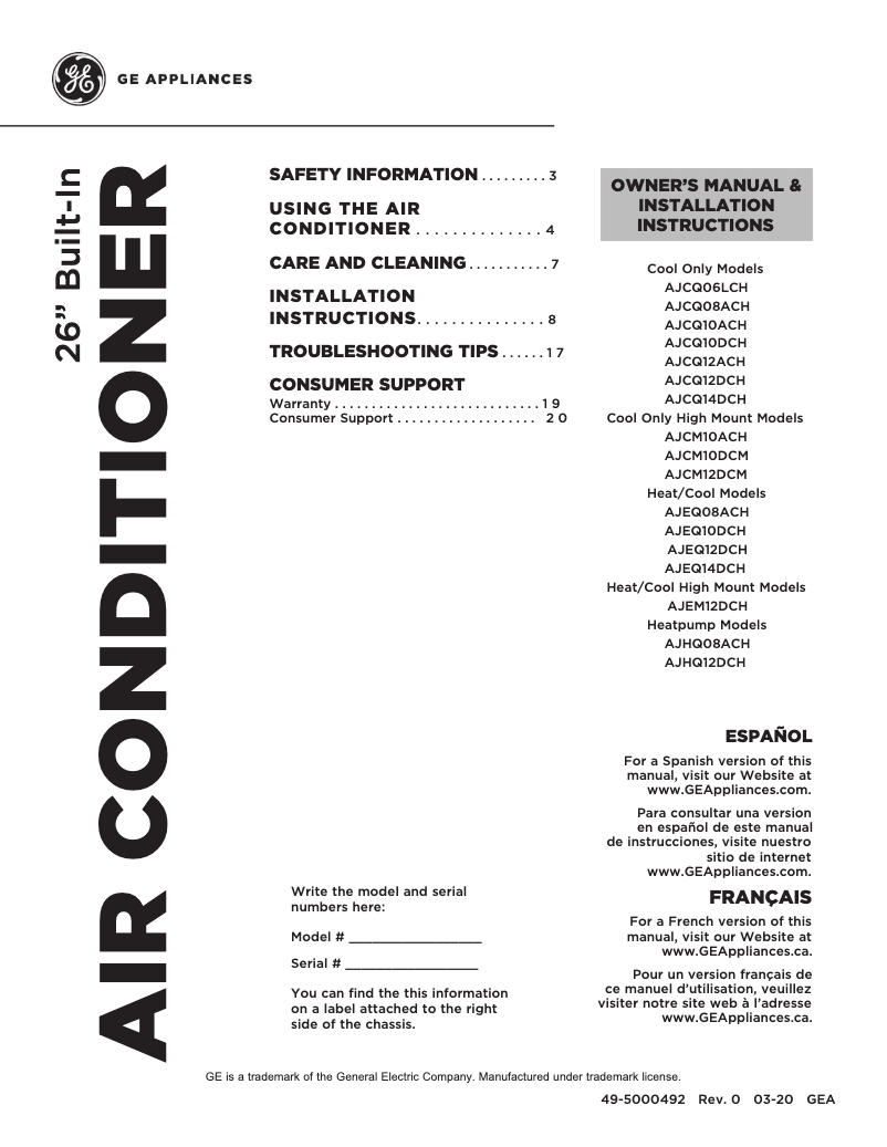 Page n°1 - Guide d'installation GE AJCM10ACH