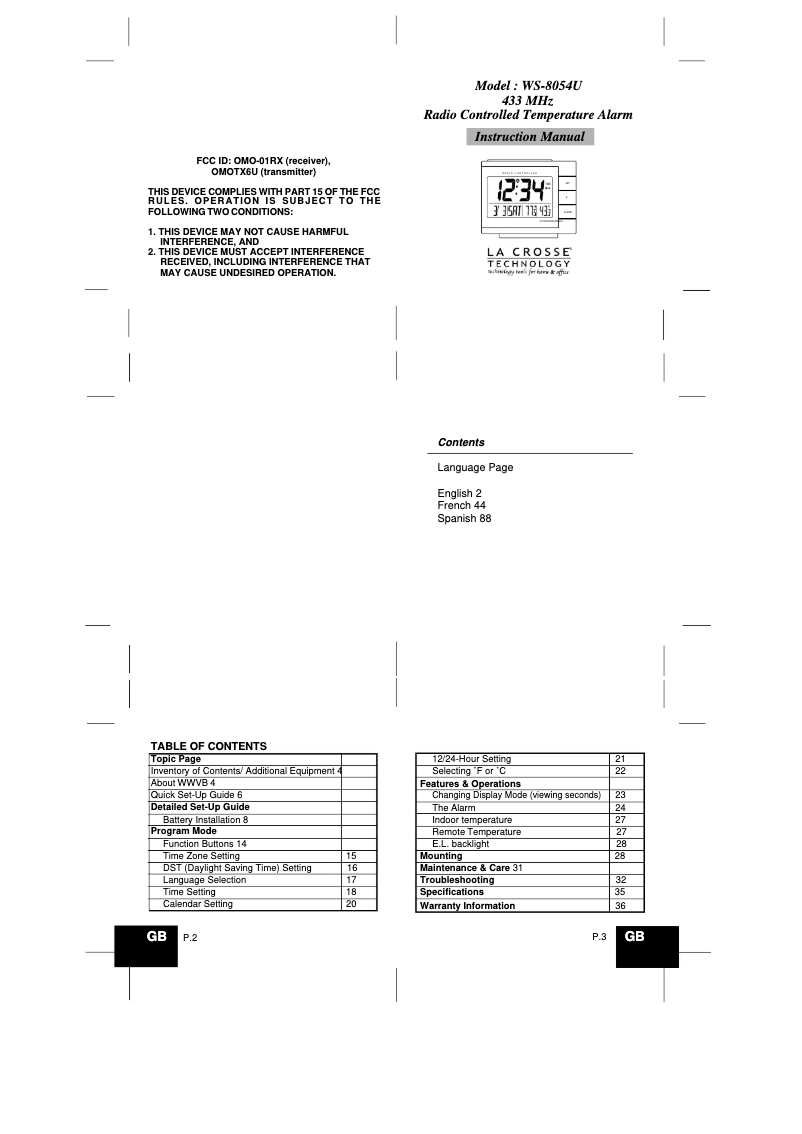 Image de la première page du manuel de l'appareil WS-8054U