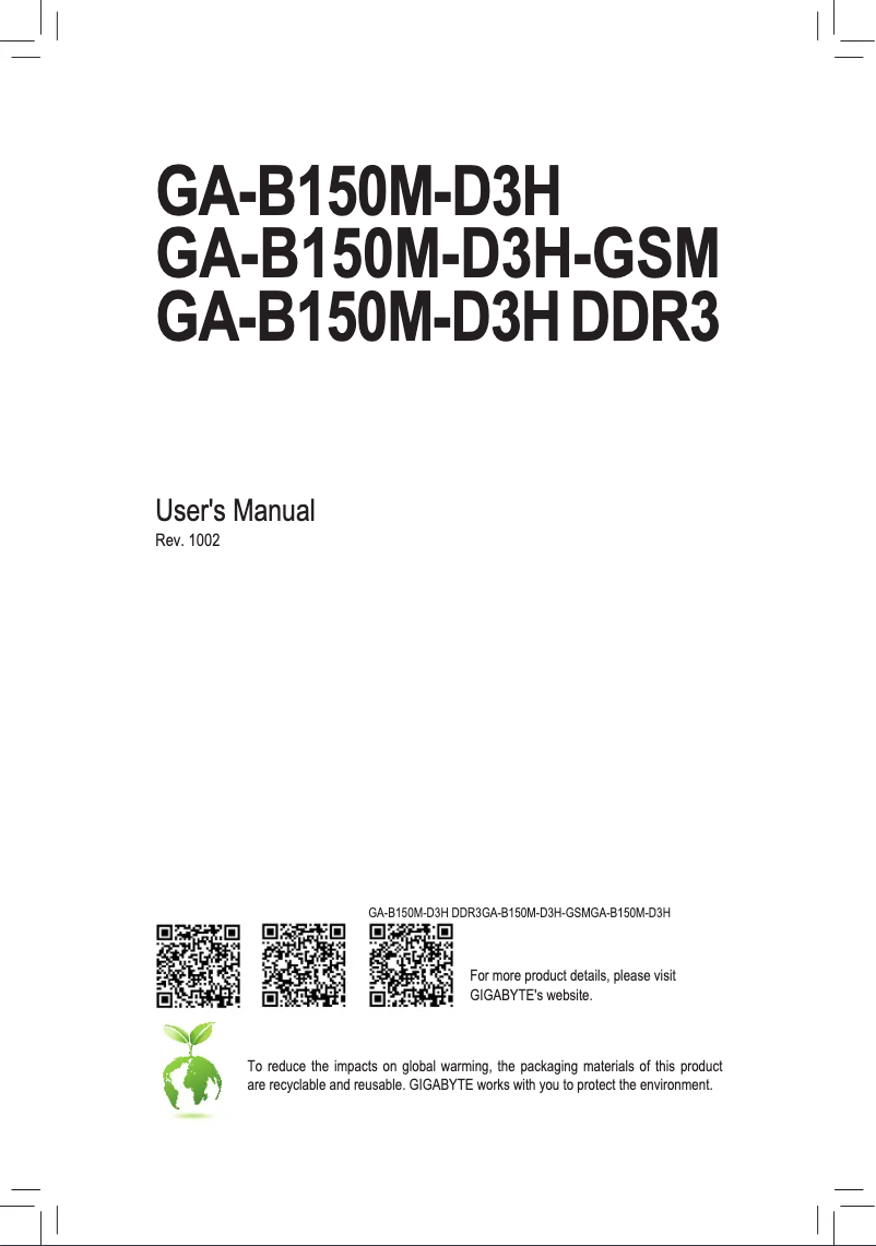 Page 1 de la notice Manuel utilisateur Gigabyte GA-B150M-D3H