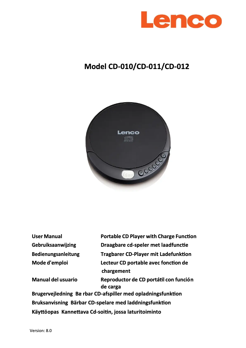 Page 1 de la notice Manuel utilisateur Lenco CD-012