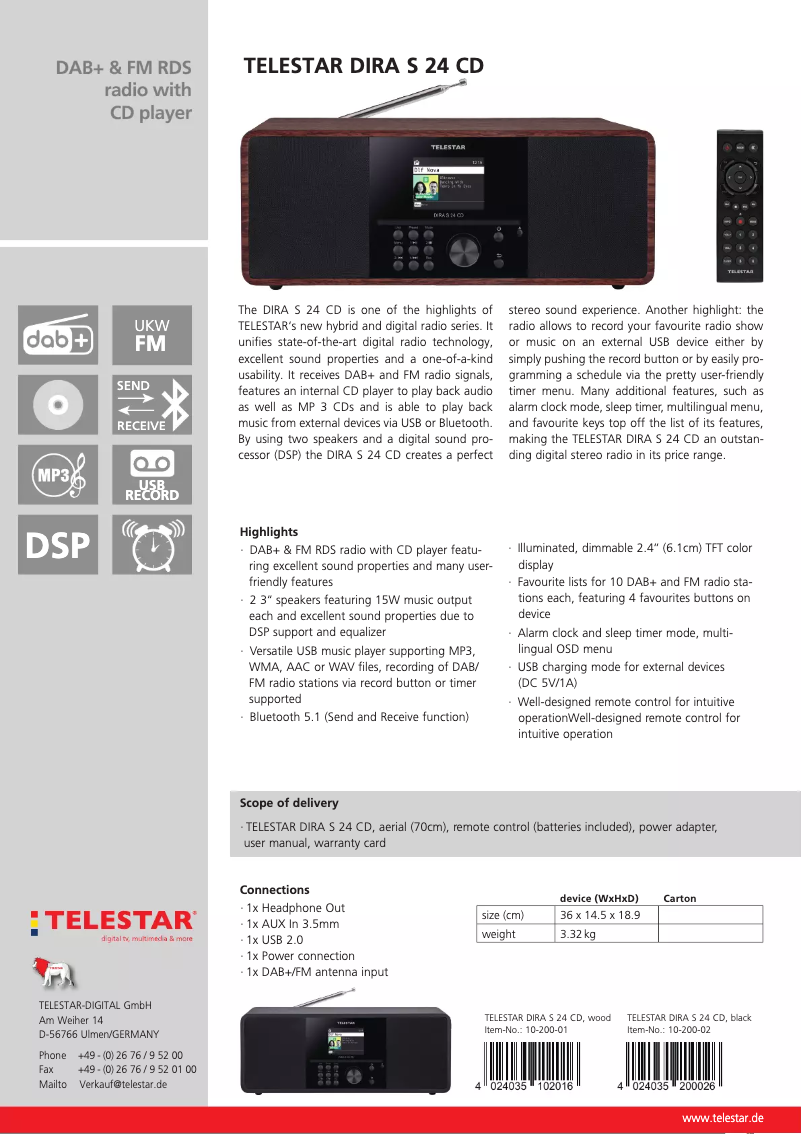 Page 1 de la notice Fiche technique Telestar DIRA S 24 CD